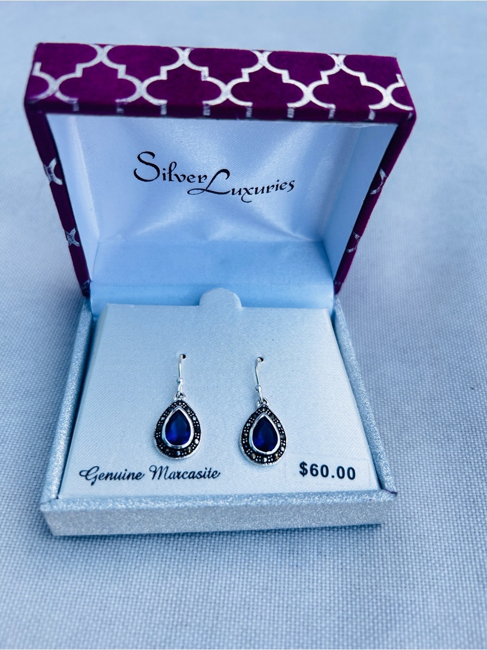 Silver Luxuries Genuine Marcasite Blue Teardrop Earrings